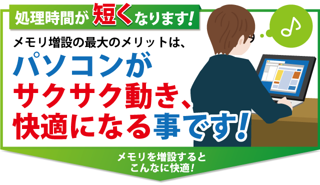 メモリ増設の最大のメリットは、<br>パソコンがサクサク動き、快適になることです!