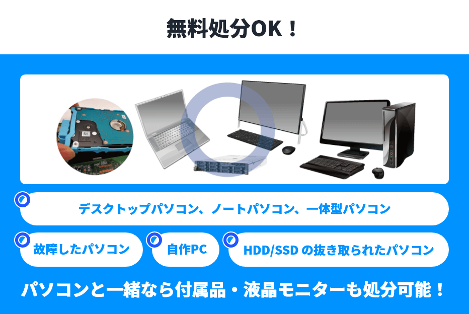 無料処分OK! 〇デスクトップパソコン/故障したパソコン/自作PC/HDD/SSDの抜き取られたパソコン パソコンと一緒なら付属品・液晶モニターも処分可能!